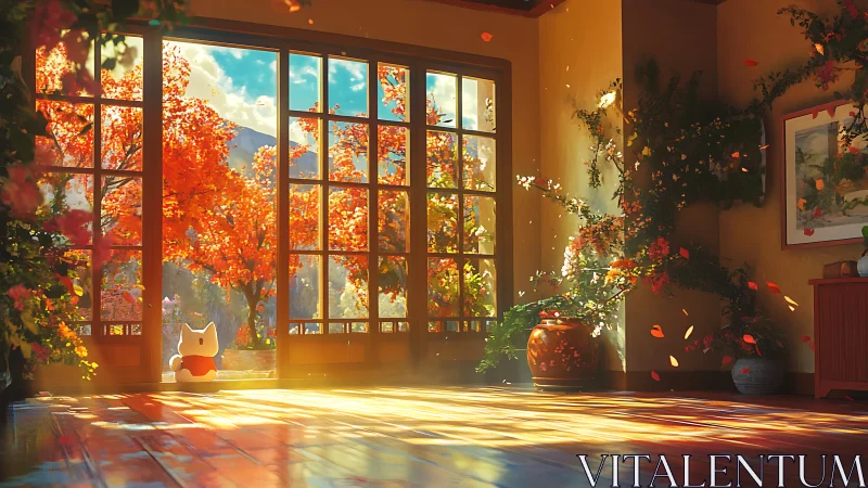 Interior space observes autumn garden through large windows