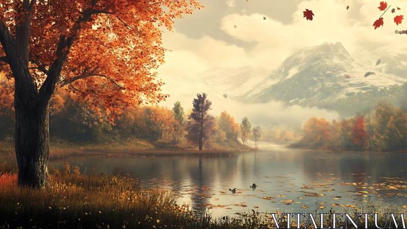 Golden autumn lake reflects distant misty snow peaks