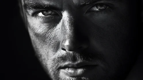 Monochrome male portrait with dramatic close-up lighting.