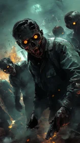 Burning-eyed zombies advance through a war-torn inferno