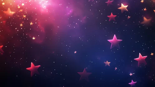 Pink and orange star shapes over deep space gradient.