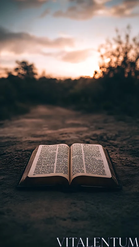Open book rests on rough ground before blurred sunset background