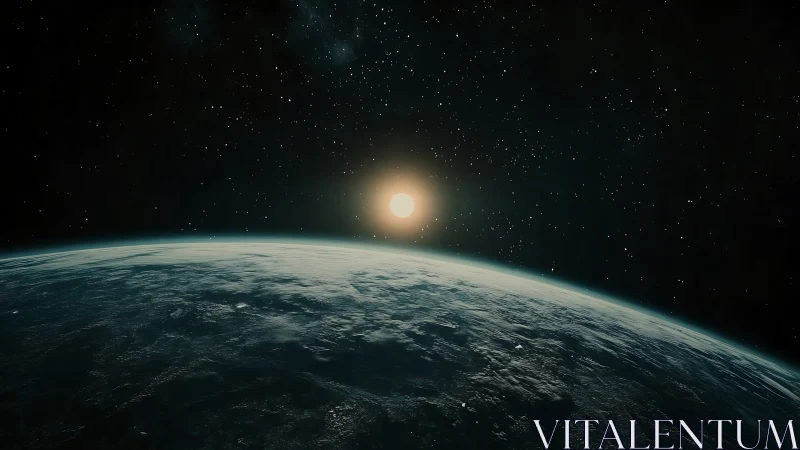 Low Earth orbit horizon with distant sun and dense starfield