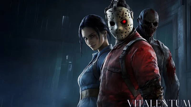 Masked figures and woman in dark rainy urban corridor.