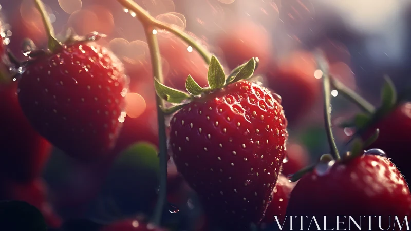 Ripe wet strawberries glow under soft bokeh garden light