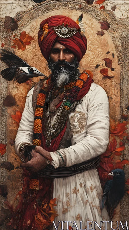 Regal turbaned mystic stands amid swirling autumn leaves
