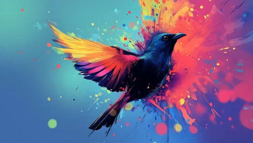 Digital illustration of flying bird in multicolor splatter field.