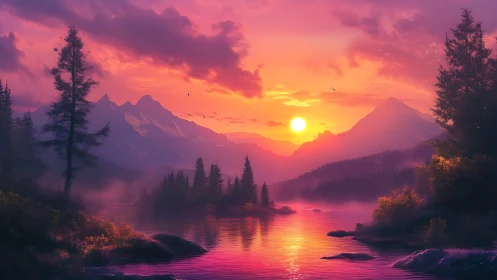 Hyperreal alpine lake sunset with misty conifer silhouettes