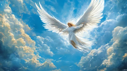 Radiant winged angel ascends through luminous stratocumulus