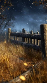 Weathered wooden fence cuts through autumn field at night