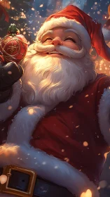 Joyful Santa portrait with glowing ornament and snowfall.