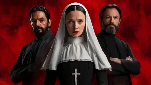 Steel-eyed nun and stern priests in crimson dreadscape.