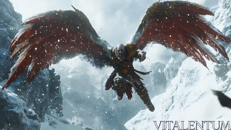 Winged armored warrior dives through dynamic snowy mountain ravine