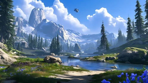 Rendered alpine valley shows river, pines, snow peaks, and craft