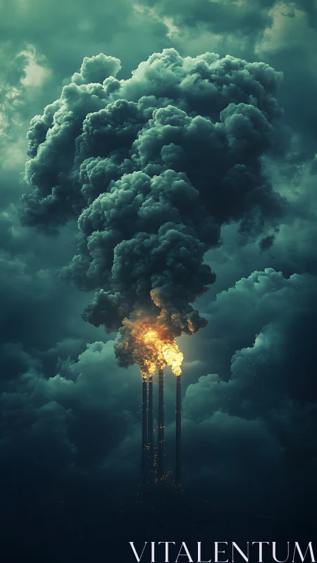 Flaming industrial chimneys emit dense billowing smoke