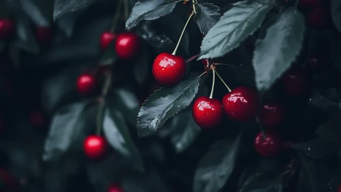 Ripe red cherries hanging on dark green leafy branches.