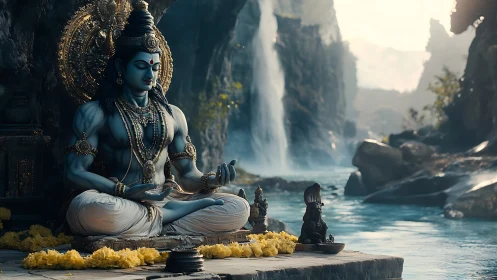 Blue-skinned meditating deity statue sits beside river waterfall
