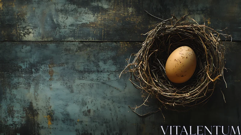 Single speckled egg rests in rough twig nest on wood panel