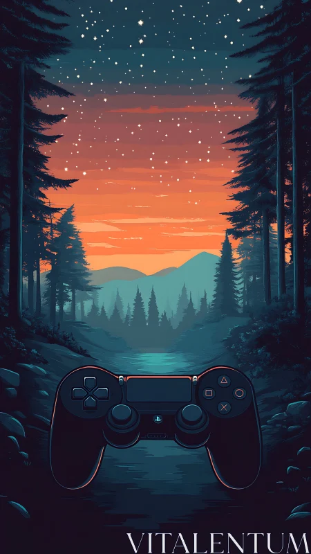 Starlit canyon of pines frames a floating night gamepad.