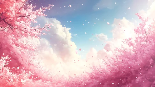 Pink cherry blossoms frame bright spring sky with drifting petals