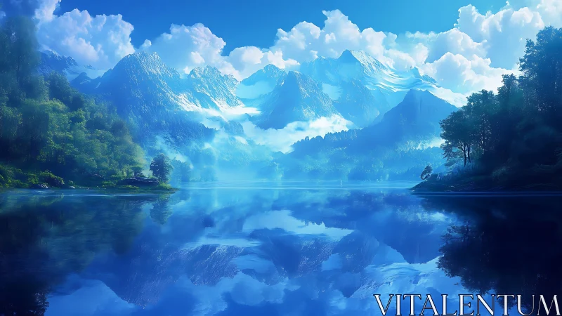 Mirror-bright lake cradles snowlit peaks in tranquil blue hush