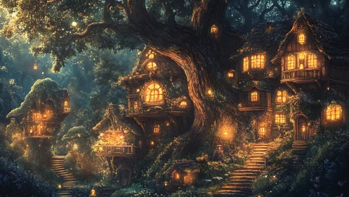 Nighttime forest treehouse village with warm interior lights.