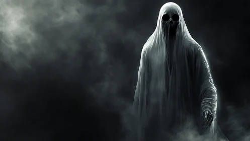 Ghostly shrouded figure emerging from dark swirling fog.