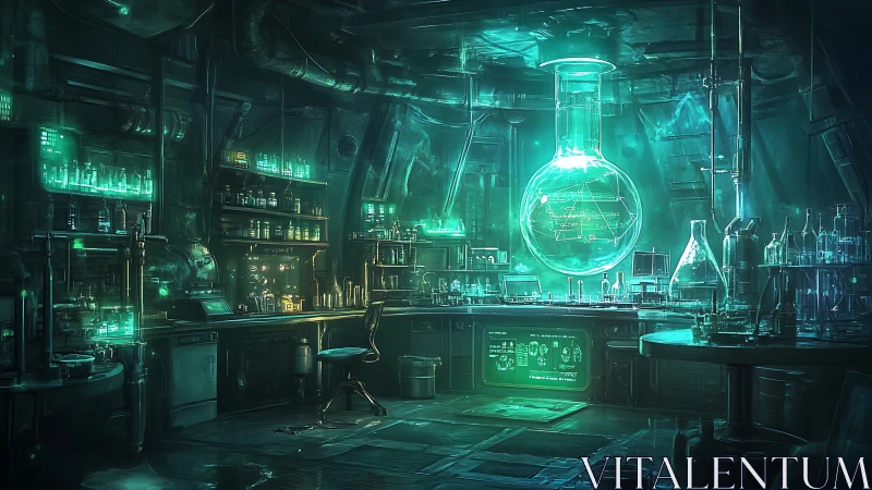 Futuristic laboratory interior shows glowing holographic flask