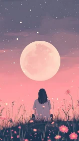 Girl in wildflower field quietly gazes at a glowing moon