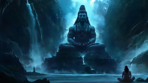 Meditative yogi before colossal Shiva statue in misty gorge.