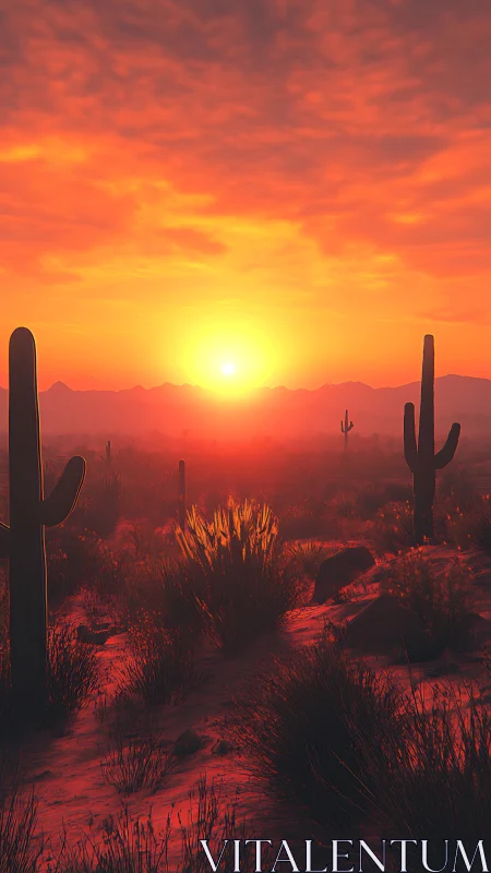 Sun-drenched desert cacti bask in a molten ember sunset sky.