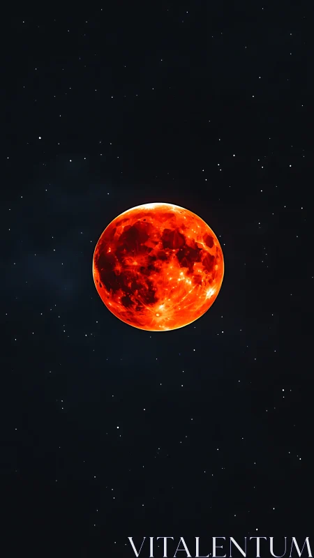 Incandescent red moon suspended in deep star-filled cosmos.