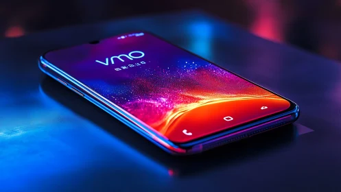 Bezel-less smartphone glows on reflective surface in neon light
