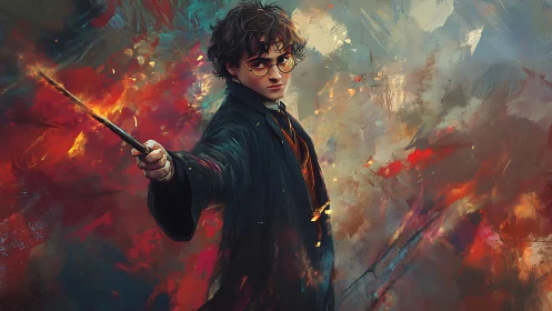 Young wizard casting spell amid abstract fireburst clouds.