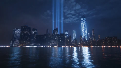 Twin tribute light beams rise above illuminated night skyline