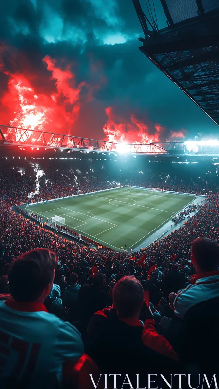 Floodlit football stadium crowd under blazing red flares.