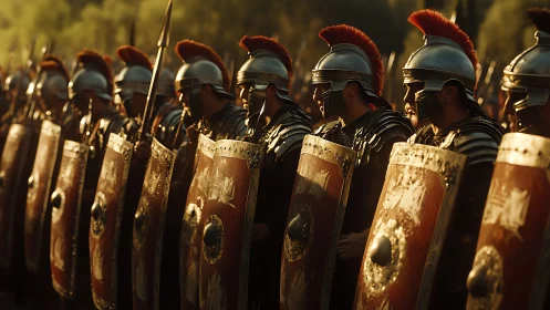Cohesive Roman legionary shield wall under raking sunset light.
