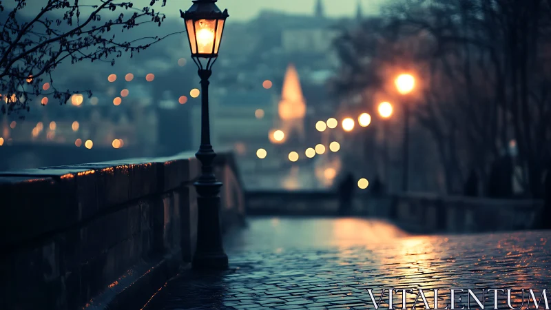 Wet cobblestone walkway with streetlamps at dusk.