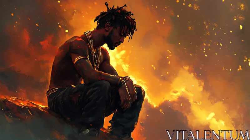 Quiet strength glows as a thoughtful warrior rests in firelight