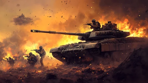 Armored tank and soldiers advance through blazing warzone