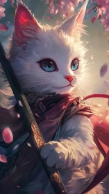 Swordbright cherry blossom cat hero in enchanted armor.