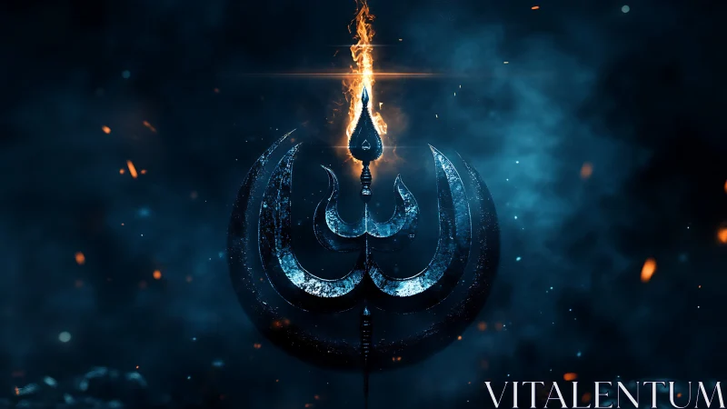 Fiery trident emblem rising through misty blue shadows.
