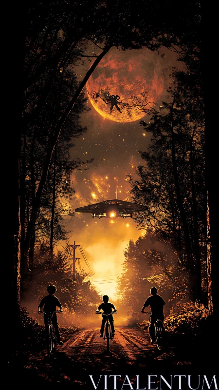 Cinematic digital painting of kids cycling toward alien skyfield.