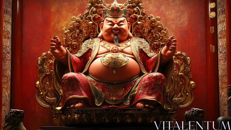 Seated ornate deity statue on gilded throne in temple interior.