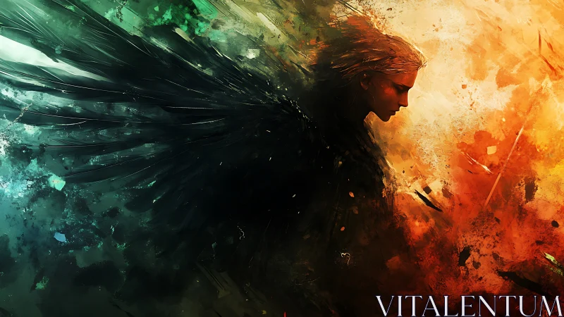 Winged figure divides teal shadow and incendiary light field