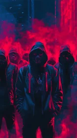 Hooded cyber rebels advance through neon smoke and shadowed streets
