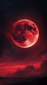 Crimson supermoon above dark mountains and nebula sky.