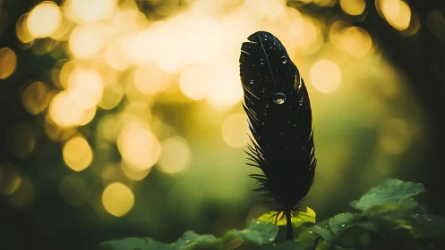 Black feather with dew drops in dreamy golden bokeh lighting.