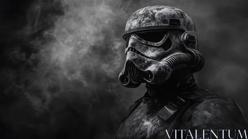 Weathered sci-fi combat helmet rendered in dramatic chiaroscuro