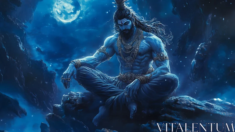 Moonlit blue deity in mountain silence, swirling with starlight.